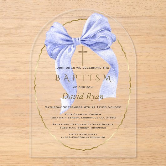 Aquarel Blauw Bow Boy Doopsel Transparant Acryl Uitnodigingen (Voorkant)