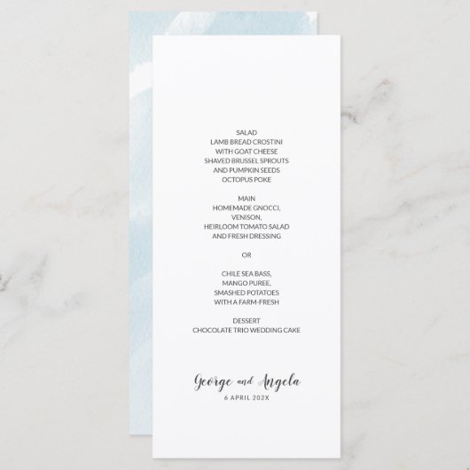 Aquarel Blauw Eenvoudig Party Menu (Voorkant / Achterkant)