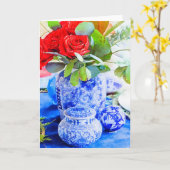 Aquarel Blauw en Wit Chinoiserie Gemberpot Kaart (Gele Bloem)