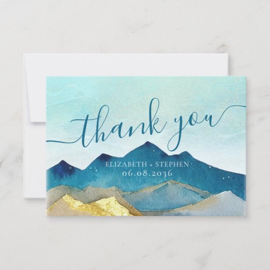 Aquarel Blauw & Goud Bergen Bruiloft Bedankt (Voorkant)