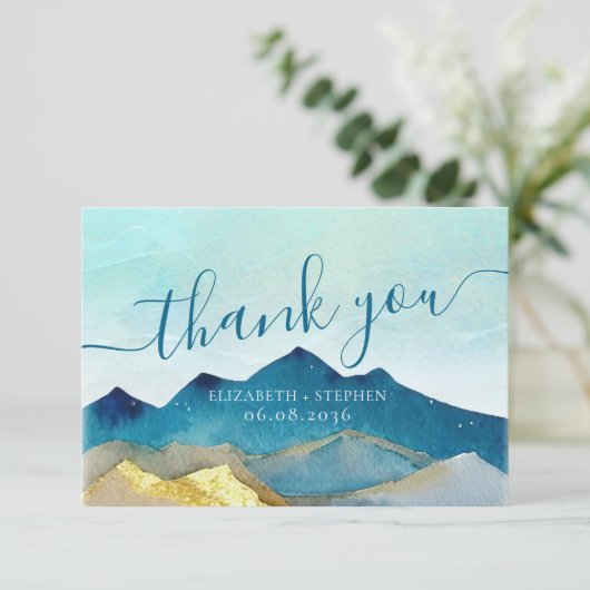 Aquarel Blauw & Goud Bergen Bruiloft Bedankt (Staand voorkant)