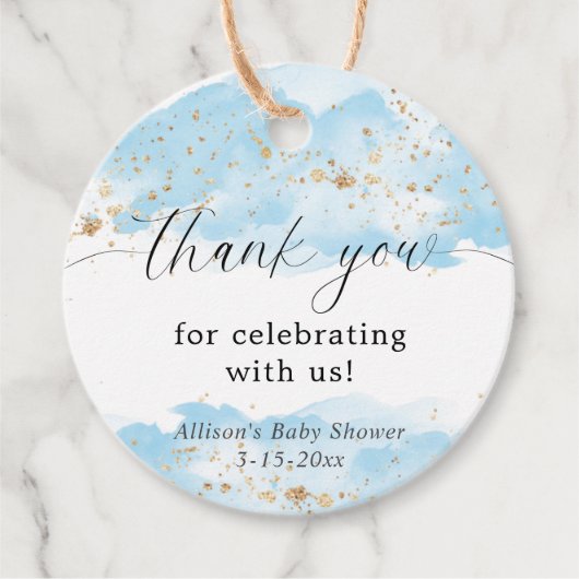 Aquarel blauw goud wit babyshower bedankt bedankjes labels (Voorkant)