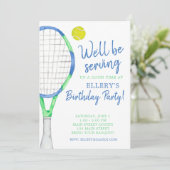 Aquarel Blauw & Groen Tennis Feest Uitnodigingen (Staand voorkant)
