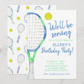 Aquarel Blauw & Groen Tennis Feest Uitnodigingen (Voorkant / Achterkant)
