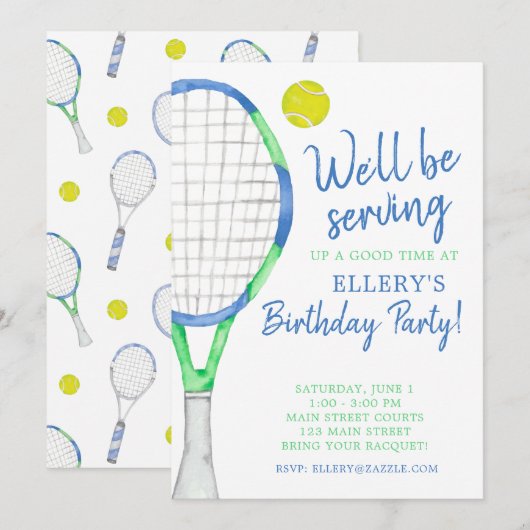 Aquarel Blauw & Groen Tennis Feest Uitnodigingen (Voorkant / Achterkant)