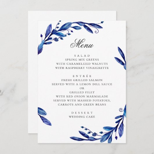 Aquarel blauw marine bloemige winterhuwelijk menu (Voorkant / Achterkant)