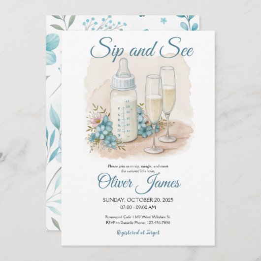 Aquarel blauw sip-en-zie uitnodiging (Voorkant / Achterkant)