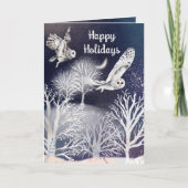 Aquarel Blauw & Wit Sneeuwuil Bomen Kerstmis Feestdagen Kaart (Voorkant)