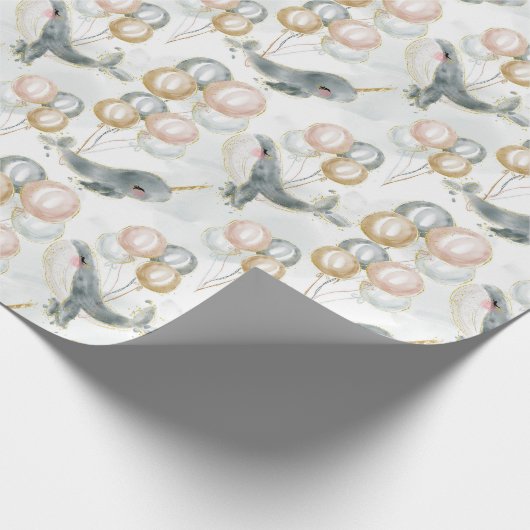 Aquarel Blauwe Ballon Whimsical Whale Cadeaupapier (Hoek)