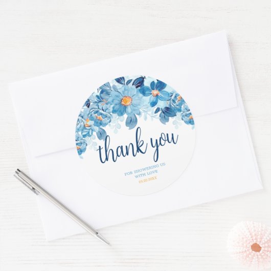 Aquarel Blauwe Bloemen Baby Shower Bedankjes Cadea Ronde Sticker (Envelop)