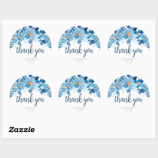 Aquarel Blauwe Bloemen Baby Shower Bedankjes Cadea Ronde Sticker (Vel)
