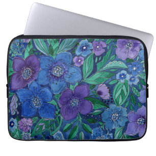aquarel, blauwe bloemen laptop sleeve