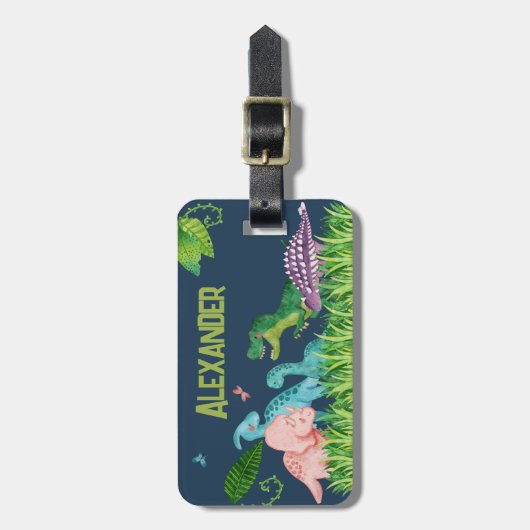 Aquarel Blauwe Dinosaurussen met Kindernaam Bagagelabel (Voorkant verticaal)