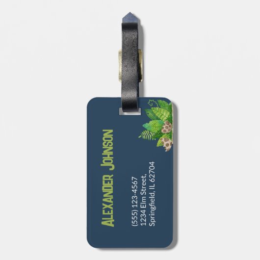 Aquarel Blauwe Dinosaurussen met Kindernaam Bagagelabel (Achterkant verticaal)