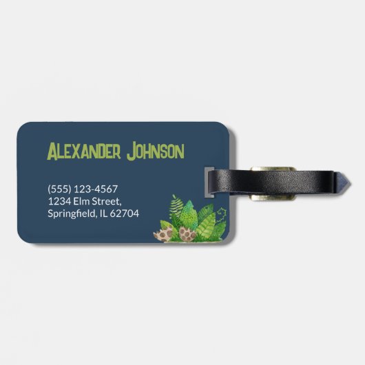 Aquarel Blauwe Dinosaurussen met Kindernaam Bagagelabel (Achterkant horizontaal)