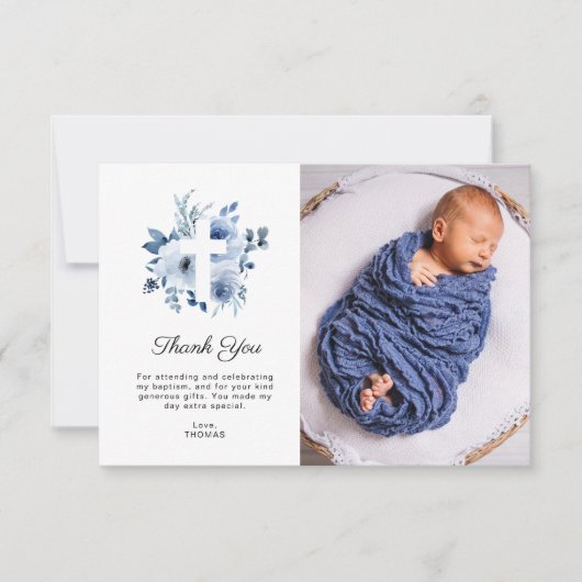 aquarel blauwe doop foto dank je kaart (Voorkant)