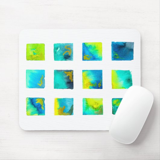 aquarel blauwe en groene vierkanten muismat (Met muis)