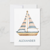 Aquarel blauwe gestreepte zeilboot notitiekaartje (Voorkant)