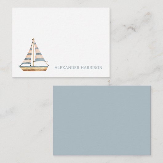 Aquarel blauwe gestreepte zeilboot notitiekaartje (Voorkant / Achterkant)