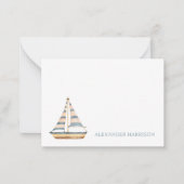 Aquarel blauwe gestreepte zeilboot notitiekaartje (Voorkant)