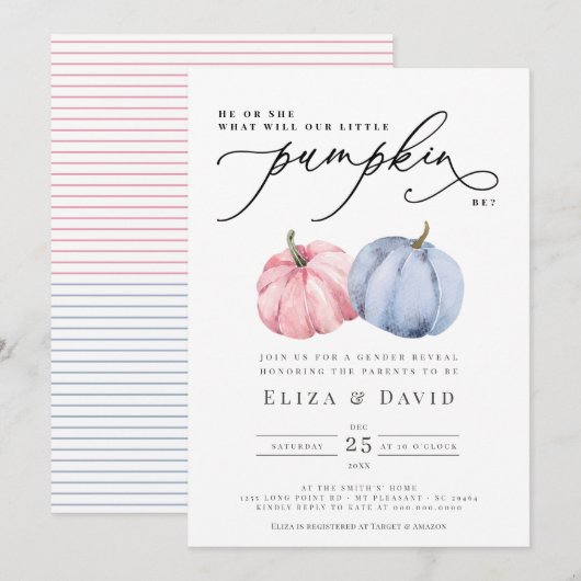 Aquarel Blauwe Roze Pompoen Herfst Geslacht Reveal Kaart (Voorkant / Achterkant)