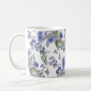 Aquarel blauwe rozen bloemen veren wit koffiemok
