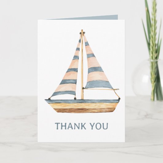 Aquarel Blauwe Streep Zeilboot Bedankkaart (Voorkant)