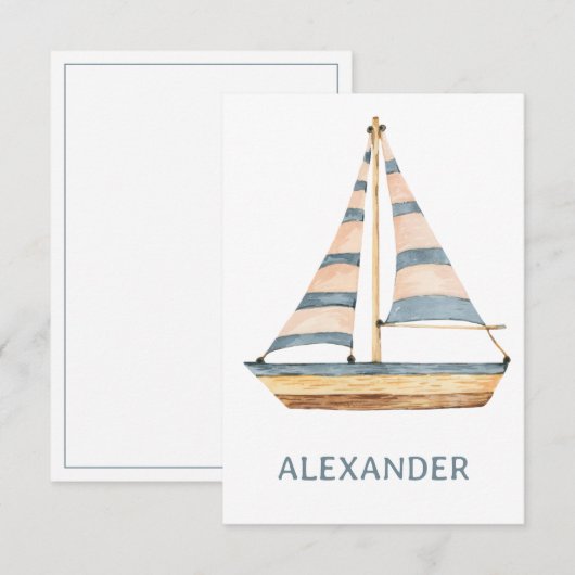 Aquarel Blauwe Streep Zeilboot Notitiekaartje (Voorkant / Achterkant)