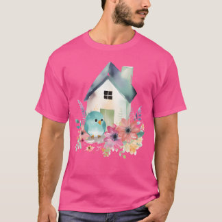 Aquarel Blauwe Vogel in een Wild Flower Garden vuu T-shirt