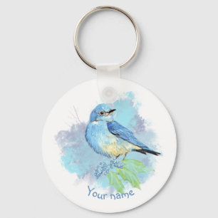 Aquarel Blauwe Vogel Mooie Blauwe Tuinvogel Kunst Sleutelhanger