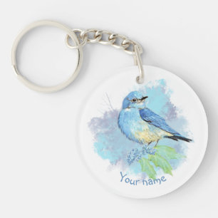 Aquarel Blauwe Vogel Mooie Blauwe Tuinvogel Kunst Sleutelhanger