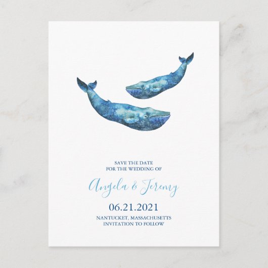Aquarel Blauwe Walvis Save the Date Aankondigingskaart (Voorkant)