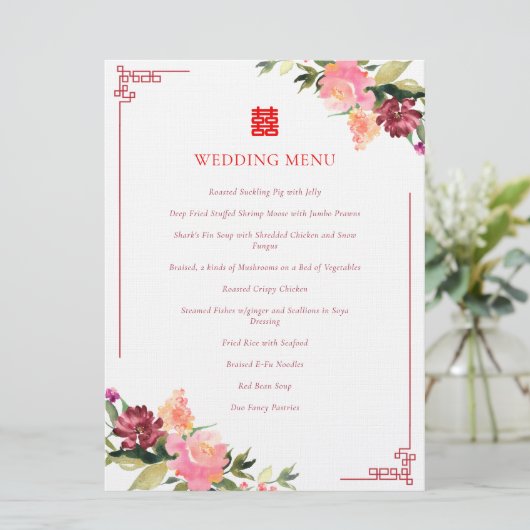 Aquarel bloem dubbele xi Chinese trouwframe Menu (Staand voorkant)