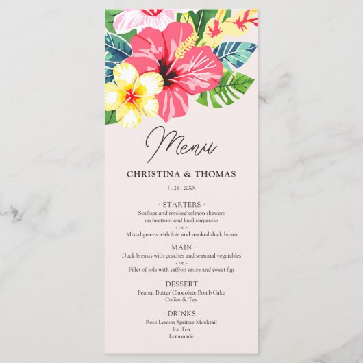 Aquarel Bloem Hibiscus Tropische Bruiloft Blush Menu (Voorkant)
