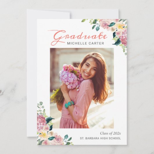 Aquarel Bloem Meisje Afgestudeerde Foto Afstudeerf Aankondiging (Voorkant)