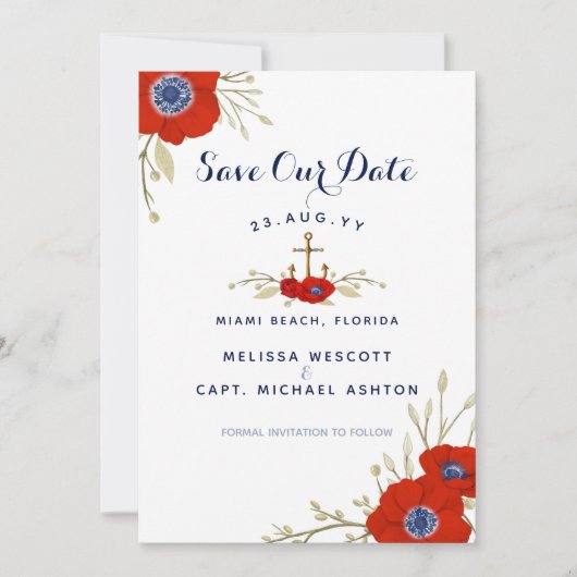 Aquarel Bloem Motief Marine Blauw Anker Bruiloft Save The Date (Voorkant)