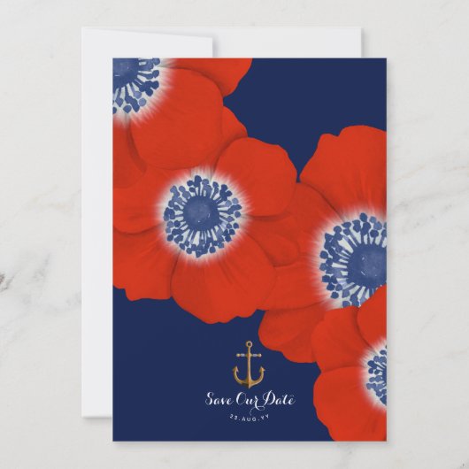 Aquarel Bloem Motief Marine Blauw Anker Bruiloft Save The Date (Achterkant)
