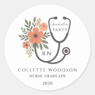 Aquarel Bloem Stethoscoop Verpleegster Afstuderen Ronde Sticker