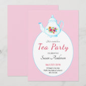 Aquarel Bloem Theepot Roze Thee Feest Uitnodiging (Voorkant / Achterkant)