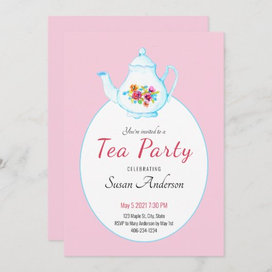 Aquarel Bloem Theepot Roze Theepartij Uitnodiging (Voorkant / Achterkant)