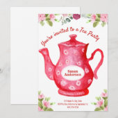 Aquarel Bloem Theepot Thee Feest Uitnodiging (Voorkant / Achterkant)