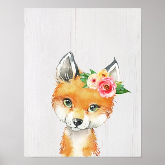 Aquarel Bloemen Baby Vos, Bosdieren Poster (Voorkant)