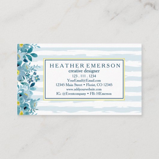 Aquarel Bloemen | Blauwe hydrangeas en geel Visitekaartje (Achterkant)