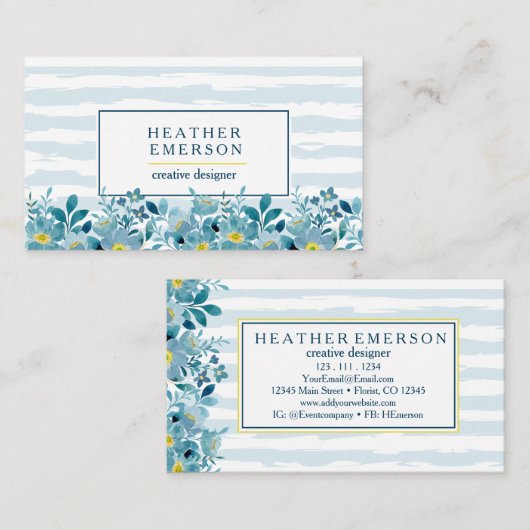 Aquarel Bloemen | Blauwe hydrangeas en geel Visitekaartje (Voorkant / Achterkant)