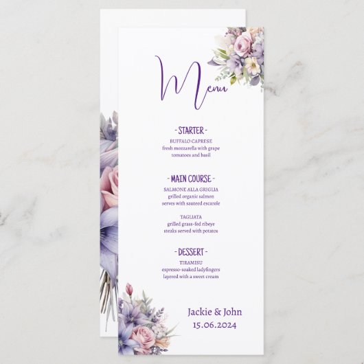 Aquarel bloemen. Bruiloft. Menu (Voorkant / Achterkant)