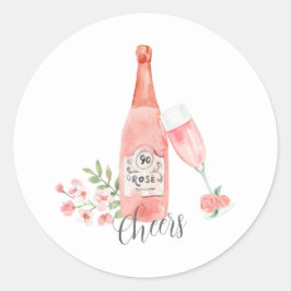 Aquarel Bloemen en Rosé Wijn ontwerp. Ronde Sticker