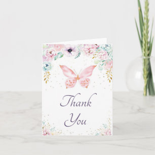 Aquarel bloemen en vlinder bedankkaart