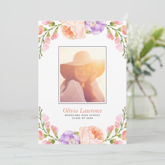 Aquarel Bloemen Foto Diploma Dankkaart Aankondiging (Staand voorkant)