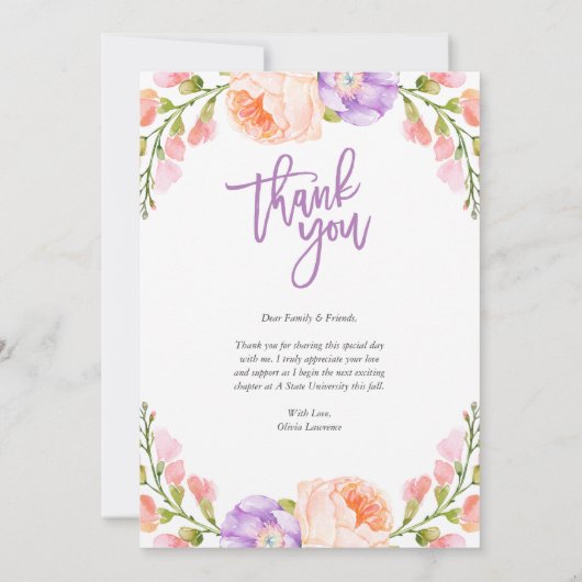 Aquarel Bloemen Foto Diploma Dankkaart Aankondiging (Achterkant)