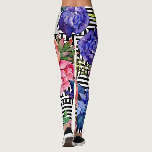 Aquarel Bloemen Geometrisch Zwart Wit Patroon Leggings (Achterkant)